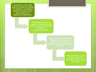 Se deberá cubrir cada
tubo de ensayo con papel
de aluminio y se deberá
guardar en hielo hasta
que se ejecute el
espectro de absorción.
Se deberá ejecutar un
espectro de absorción de
cada solución de pigmento
usando un
espectrofotómetro.
luego se deberá iniciar las
lecturas a 400 nm y se
deberá leer la absorbancia
cada 20 nm de intervalo hasta
700 nm
Para clorofilas a y b se
deberá reducir el
intervalo a 10 nm entre
640 y 670.
 