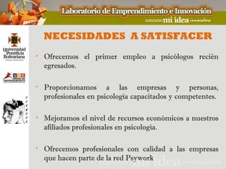 NECESIDADES A SATISFACER
• Ofrecemos el primer empleo a psicólogos recién
  egresados.

• Proporcionamos a las empresas y personas,
  profesionales en psicología capacitados y competentes.

• Mejoramos el nivel de recursos económicos a nuestros
  afiliados profesionales en psicología.

• Ofrecemos profesionales con calidad a las empresas
  que hacen parte de la red Psywork
 