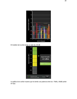 20
El medidor de la señal arroja un valor de -63 dB
La gráfica de la señal muestra que ha tenido una potencia entre los -75dB y -65dB (señal
en rojo)
 