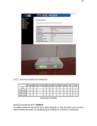 32
3.6.3. Sobre el punto de medición
Generación de Datos
Nombre de la Red de WiFi : FRANCO
Se realiza prueba de atenuación de la señal utilizando un tubo de cartón, que se coloca
sobre la antena del router, los resultados de la medición se muestran a continuación
 