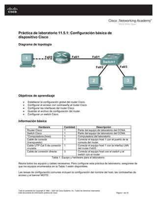 Práctica de laboratorio 11.5.1: Configuración básica de
dispositivo Cisco
Diagrama de topología

Objetivos de aprendizaje






Establecer la configuración global del router Cisco.
Configurar el acceso con contraseña al router Cisco.
Configurar las interfaces del router Cisco.
Guardar el archivo de configuración del router.
Configurar un switch Cisco.

Información básica
Hardware
Router Cisco
Switch Cisco
*Computadora (host)
Cable de consola
(transpuesto)
Cable UTP Cat 5 de conexión
cruzada
Cable de conexión directa

Cantidad
1
1
1
1

Descripción
Parte del equipo de laboratorio del CCNA.
Parte del equipo de laboratorio del CCNA.
Computadora del laboratorio.
Conecta el equipo host 1 con el puerto de la
consola del router.
1
Conecta el equipo host 1 con la interfaz LAN
del router Fa0/0
3
Conecta el equipo host con el switch y el
switch con el router
Tabla 1. Equipo y hardware para el laboratorio.

Reúna todos los equipos y cables necesarios. Para configurar esta práctica de laboratorio, asegúrese de
que los equipos enumerados en la Tabla 1 estén disponibles.
Las tareas de configuración comunes incluyen la configuración del nombre del host, las contraseñas de
acceso y el banner MOTD.

Todo el contenido es Copyright © 1992 – 2007 de Cisco Systems, Inc. Todos los derechos reservados.
Este documento es información pública de Cisco.

Página 1 de 19

 