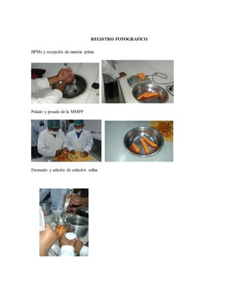REGISTRO FOTOGRAFICO
BPMs y recepción de materia prima
Pelado y pesado de la MMPP
Envasado y adición de solución salina
 