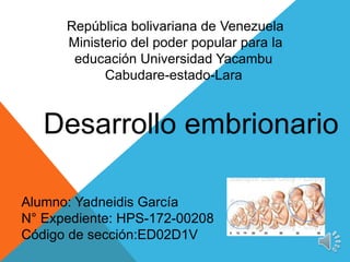 República bolivariana de Venezuela
Ministerio del poder popular para la
educación Universidad Yacambu
Cabudare-estado-Lara
Desarrollo embrionario
Alumno: Yadneidis García
N° Expediente: HPS-172-00208
Código de sección:ED02D1V
 