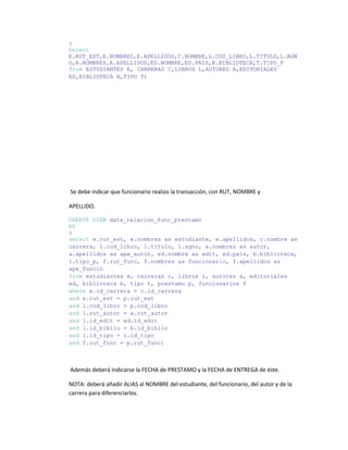(
Select
E.RUT_EST,E.NOMBRES,E.APELLIDOS,C.NOMBRE,L.COD_LIBRO,L.TITULO,L.AGN
O,A.NOMBRES,A.APELLIDOS,ED.NOMBRE,ED.PAIS,B.BIBLIOTECA,T.TIPO_P
from ESTUDIANTES E, CARRERAS C,LIBROS L,AUTORES A,EDITORIALES
ED,BIBLIOTECA B,TIPO T)




Se debe indicar que funcionario realizo la transacción, con RUT, NOMBRE y

APELLIDO.

CREATE VIEW data_relacion_func_prestamo
AS
(
select e.rut_est, e.nombres as estudiante, e.apellidos, c.nombre as
carrera, l.cod_libro, l.titulo, l.agno, a.nombres as autor,
a.apellidos as ape_autor, ed.nombre as edit, ed.pais, b.biblioteca,
t.tipo_p, f.rut_func, f.nombres as funcionario, f.apellidos as
ape_funcio
from estudiantes e, carreras c, libros l, autores a, editoriales
ed, biblioteca b, tipo t, prestamo p, funcionarios f
where e.id_carrera = c.id_carrera
and e.rut_est = p.rut_est
and l.cod_libro = p.cod_libro
and l.rut_autor = a.rut_autor
and l.id_edit = ed.id_edit
and l.id_biblio = b.id_biblio
and l.id_tipo = t.id_tipo
and f.rut_func = p.rut_func)



Además deberá indicarse la FECHA de PRESTAMO y la FECHA de ENTREGA de éste.

NOTA: deberá añadir ALIAS al NOMBRE del estudiante, del funcionario, del autor y de la
carrera para diferenciarlos.
 