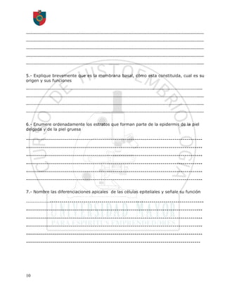 -------------------------------------------------------------------------------------------------------------------------
-------------------------------------------------------------------------------------------------------------------------
-------------------------------------------------------------------------------------------------------------------------
-------------------------------------------------------------------------------------------------------------------------
-------------------------------------------------------------------------------------------------------------------------

5.- Explique brevemente que es la membrana basal, cómo esta constituida, cual es su
origen y sus funciones

------------------------------------------------------------------------------------------------------------------------
-------------------------------------------------------------------------------------------------------------------------
-------------------------------------------------------------------------------------------------------------------------
-------------------------------------------------------------------------------------------------------------------------

6.- Enumere ordenadamente los estratos que forman parte de la epidermis de la piel
delgada y de la piel gruesa

----------------------------------------------------------------------------------------
----------------------------------------------------------------------------------------
----------------------------------------------------------------------------------------
----------------------------------------------------------------------------------------
----------------------------------------------------------------------------------------
----------------------------------------------------------------------------------------

7.- Nombre las diferenciaciones apicales de las células epiteliales y señale su función

-------------------------------------------------------------------------------------------

----------------------------------------------------------------------------------------
----------------------------------------------------------------------------------------
----------------------------------------------------------------------------------------
----------------------------------------------------------------------------------------
---------------------------------------------------------------------------------------




10
 