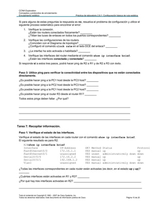CCNA Exploration
 Conceptos y protocolos de enrutamiento:
 Enrutamiento estático                                             Práctica de laboratorio 2.8.1: Configuración básica de ruta estática


 Si para alguna de estas preguntas la respuesta es no, resuelva el problema de configuración y utilice el
 siguiente proceso sistemático para encontrar el error:
      1. Verifique la conexión.
         ¿Están los routers conectados físicamente? ________
         ¿Titilan las luces de enlaces en todos los puertos correspondientes? ________
      2. Verifique las configuraciones de los routers.
         ¿Coinciden con el Diagrama de topología? ________
         ¿Configuró el comando clock rate en el lado DCE del enlace? ________
      3. ¿La interfaz ha sido activada o habilitada? ________
      4. Verifique las interfaces del router mediante el comando show ip interface brief.
         ¿Están las interfaces conectada y conectada? ________
 Si responde sí a estos tres pasos, podrá hacer ping de R2 a R1 y de R2 a R3 con éxito.


 Paso 3: Utilice ping para verificar la conectividad entre los dispositivos que no están conectados
 directamente.
 ¿Es posible hacer ping a la PC1 host desde la PC3 host? ________
 ¿Es posible hacer ping a la PC2 host desde la PC3 host? ________
 ¿Es posible hacer ping a la PC1 host desde la PC2 host? ________
 ¿Es posible hacer ping al router R3 desde el router R1? ________
 Todos estos pings deben fallar. ¿Por qué?

 ____________________________________________________________________________

 ____________________________________________________________________________

 ____________________________________________________________________________


Tarea 7: Recopilar información.

 Paso 1: Verifique el estado de las interfaces.
 Verifique el estado de las interfaces en cada router con el comando show ip interface brief.
 El siguiente resultado es para R2.
      R2#show ip interface brief
      Interface              IP-Address                                       OK?   Method      Status                Protocol
      FastEthernet0/0        172.16.1.1                                       YES   manual      up                    up
      FastEthernet0/1        unassigned                                       YES   unset       administratively down down
      Serial0/0/0            172.16.2.2                                       YES   manual      up                    up
      Serial0/0/1            192.168.1.2                                      YES   manual      up                    up
      Vlan1                  unassigned                                       YES   manual      administratively down down

 ¿Todas las interfaces correspondientes en cada router están activadas (es decir, en el estado up y up)?
 _______
 ¿Cuántas interfaces están activadas en R1 y R3? ________
 ¿Por qué hay tres interfaces activadas en R2? ______________________________________________

 ____________________________________________________________________________________


 Todo el contenido es Copyright © 1992 – 2007 de Cisco Systems, Inc.
 Todos los derechos reservados. Este documento es información pública de Cisco.                                           Página 10 de 20
 