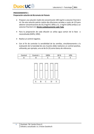 Laboratorio 2 – Toxicología   2011


PROCEDIMIENTO 1
Preparación solución de Bicromato de Potasio

      Preparar una solución madre de concentración 100 mg/ml a volumen final de 6
       ml. De esta solución patrón realice dos diluciones seriadas a razón de 1/3 para
       obtener concentraciones de 33,3 mg/ml ( 30%) y 11, 1 mg/ml (10%) ambas a un
       volumen final de 6 ml. Rotule cuidadosamente cada Tubo

      Para la preparación de cada dilución se utiliza agua común de la llave o
       reconstituida (HAPA, 1992).

      Realice un control negativo.

      Con el fin de controlar la sensibilidad de las semillas, simultáneamente a la
       evaluación de la toxicidad de una muestra debe realizarse un control positivo,
       utilizando, por ejemplo, una sal de Zn (II) como tóxico de referencia.


         Control         Control +           100%                 30 %          10%
           A                B                  C                   D             E




                             A       B      C       D         E




  4     Diseñado: TM. Sandra Flores G
        Editado y actualizado: Lic. Cristian Zavaleta B
 