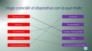 Haga coincidir el dispositivo con lo que mide:
Temporizador
Balanza
Termómetro
Velocímetro
Cuenta kilómetros
Distancia
Temperatura
Tiempo Transcurrido
Peso
Velocidad de desplazamiento
 