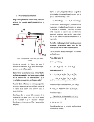 5. Desarrollo experimental: 
Haga un diagrama de cuerpo libre para cada 
uno de los cuerpos que intervienen en el 
sistema. 
Figura 2: Diagrama de cuerpo libre para ambos 
cuerpos. 
Donde N: normal, 푓푟 : fuerza de roce, T: 
tensión de la cuerda, 푚1푔: peso del cuerpo 1 
y 푚2푔 : peso del cuerpo 2. 
Determinar las aceleraciones, utilizando los 
gráficos entregados por los sensores. ¿Cuál 
es la relación de las aceleraciones? ¿Los 
resultados concuerdan con lo esperado? 
A partir de la información entregada por los 
sensores podemos reconstruir la ecuación de 
la recta que trazó cada sensor tras el 
experimento. 
En el caso del el sensor 1 la ecuación de la 
recta es 푦 = 0.506푥 − 0.0114 y en el sensor 
2, la ecuación es 푦 = −0,200푥 − 0,0227. 
Donde x es el tiempo en [s] e y la velocidad 
en [m/s]. 
Como se sabe, la pendiente de un gráfico 
velocidad vs tiempo es la aceleración, por lo 
que la aceleración 1 y 2 son: 
푎1 = 0.506 [푚 
푠2] Y 푎2 = −0.200 [푚 
푠2] 
El borrador 2 afirmado por la polea móvil se 
mueve a la mitad de la aceleración de la que 
se mueve el borrador 1, el signo negativo 
está asociado al sistema de coordenadas 
asociado (positivo hacia arriba y derecha). 
Por lo que los resultados están dentro de lo 
esperado. 
Tome las medidas y realizar los cálculos que 
permitan determinar cada una de las 
fuerzas que actúan sobre los borradores. 
Las ecuaciones de equilibro para el sistema 
analizado son: 
Para el borrador 1: 
푥: 푇 − 푓푟 = 푚1푎1 
푦: 푁 − 푚1푔 = 0 ⇔ 푁 = 푚1푔 
Para el borrador 2: 
푦: 2푇 − 푔(푚푝 + 푚2) = (푚푝 + 푚2)푎2 
⇔ 푇 = 
(푚푝 + 푚2)푔 + (푚푝 + 푚2)푎2 
2 
Para el cuerpo 1 considerando 푔 = 10 [푚 
푠2] 
푁 = 푚1푔 = 0.12979 ∙ 10 = 1.2979[푁]. 
Para el cuerpo 2: 
푇 = 
(0.01657 + 0.07623)(10 + 0.200) 
2 
푇 = 0.47328 [푁] 
Considerando que la tensión es la misma 
para todo el cordel: 
 