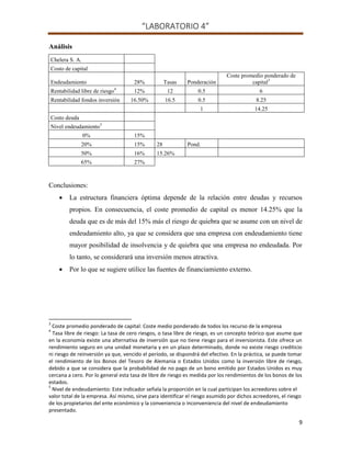“LABORATORIO 4”
9
Análisis
Chelera S. A.
Costo de capital
Endeudamiento 28% Tasas Ponderación
Coste promedio ponderado de
capital3
Rentabilidad libre de riesgo4
12% 12 0.5 6
Rentabilidad fondos inversión 16.50% 16.5 0.5 8.25
1 14.25
Costo deuda
Nivel endeudamiento5
0% 15%
20% 15% 28 Pond.
50% 16% 15.26%
65% 27%
Conclusiones:
 La estructura financiera óptima depende de la relación entre deudas y recursos
propios. En consecuencia, el coste promedio de capital es menor 14.25% que la
deuda que es de más del 15% más el riesgo de quiebra que se asume con un nivel de
endeudamiento alto, ya que se considera que una empresa con endeudamiento tiene
mayor posibilidad de insolvencia y de quiebra que una empresa no endeudada. Por
lo tanto, se considerará una inversión menos atractiva.
 Por lo que se sugiere utilice las fuentes de financiamiento externo.
3
Coste promedio ponderado de capital: Coste medio ponderado de todos los recurso de la empresa
4
Tasa libre de riesgo: La tasa de cero riesgos, o tasa libre de riesgo, es un concepto teórico que asume que
en la economía existe una alternativa de inversión que no tiene riesgo para el inversionista. Este ofrece un
rendimiento seguro en una unidad monetaria y en un plazo determinado, donde no existe riesgo crediticio
ni riesgo de reinversión ya que, vencido el período, se dispondrá del efectivo. En la práctica, se puede tomar
el rendimiento de los Bonos del Tesoro de Alemania o Estados Unidos como la inversión libre de riesgo,
debido a que se considera que la probabilidad de no pago de un bono emitido por Estados Unidos es muy
cercana a cero. Por lo general esta tasa de libre de riesgo es medida por los rendimientos de los bonos de los
estados.
5
Nivel de endeudamiento: Este indicador señala la proporción en la cual participan los acreedores sobre el
valor total de la empresa. Así mismo, sirve para identificar el riesgo asumido por dichos acreedores, el riesgo
de los propietarios del ente económico y la conveniencia o inconveniencia del nivel de endeudamiento
presentado.
 