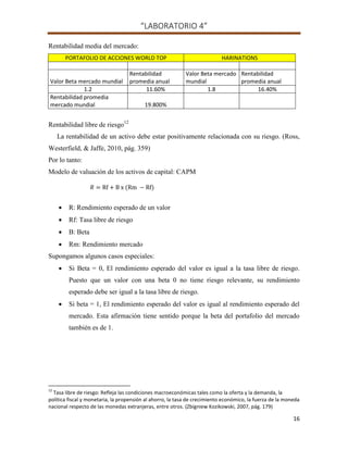 “LABORATORIO 4”
16
Rentabilidad media del mercado:
PORTAFOLIO DE ACCIONES WORLD TOP HARINATIONS
Valor Beta mercado mundial
Rentabilidad
promedia anual
Valor Beta mercado
mundial
Rentabilidad
promedia anual
1.2 11.60% 1.8 16.40%
Rentabilidad promedia
mercado mundial 19.800%
Rentabilidad libre de riesgo12
La rentabilidad de un activo debe estar positivamente relacionada con su riesgo. (Ross,
Westerfield, & Jaffe, 2010, pág. 359)
Por lo tanto:
Modelo de valuación de los activos de capital: CAPM
 R: Rendimiento esperado de un valor
 Rf: Tasa libre de riesgo
 B: Beta
 Rm: Rendimiento mercado
Supongamos algunos casos especiales:
 Si Beta = 0, El rendimiento esperado del valor es igual a la tasa libre de riesgo.
Puesto que un valor con una beta 0 no tiene riesgo relevante, su rendimiento
esperado debe ser igual a la tasa libre de riesgo.
 Si beta = 1, El rendimiento esperado del valor es igual al rendimiento esperado del
mercado. Esta afirmación tiene sentido porque la beta del portafolio del mercado
también es de 1.
12
Tasa libre de riesgo: Refleja las condiciones macroeconómicas tales como la oferta y la demanda, la
política fiscal y monetaria, la propensión al ahorro, la tasa de crecimiento económico, la fuerza de la moneda
nacional respecto de las monedas extranjeras, entre otros. (Zbigniew Kozikowski, 2007, pág. 179)
𝑅 Rf B x (Rm Rf)
 
