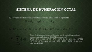 SISTEMA DE NUMERACIÓN OCTAL
• El teorema fundamental aplicado al sistema octal sería el siguiente:
Como el sistema de numeración octal usa la notación posicional
entonces para el número 3452,32 tenemos que:
2*80 + 5*81 + 4*82 + 3*83 + 3*8-1 + 2*8-2 = 2 + 40 + 4*64 + 3*512
+ 3*0,125 + 2*0,015625 = 2 + 40 + 256 + 1536 + 0,375 + 0,03125 =
1834 + 0,40625d
 
