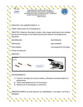 UNIVERSIDAD TÉCNICA DE MACHALA
DIRECCIÓN DE NIVELACIÓN Y ADMISIÓN
SISTEMA NACIONAL DE NIVELACIÓN Y ADMISIÓN
CURSO DE NIVELACION 2013
AREA SALUD

PRACTICA DE LABORATORIO N° 8
TEMA: Observación de microorganismo
OBJETIVO: Observar (hormiga) a simple vista y luego relacionarla a las ventajas
que da el microscopio en las observaciones para observar microorganismos
pequeños.
MATERIALES:

SUSTANCIAS

Microscopio

agua destilada

Porta objetos

microorganismo (hormiga)

Pinzas de disección
GRAFICO:

PROCEDIMIENTO:
1) Tomar la hormiga con mucho cuidado y colocarla en el porta objeto y la
presionamos.
2) Ubicar adecuadamente en el microscopio
3) Observar en el microscopio su estructura.

OBSERVACIONES: se pudo observar sus vellosidades y sus patas muy finas y
alargadas.

 