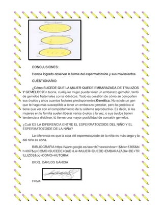 CONCLUSIONES:
Hemos logrado observar la forma del espermatozoide y sus movimientos.
CUESTIONARIO:
¿Cómo SUCEDE QUE LA MUJER QUEDE EMBARAZADA DE TRILLIZOS
Y GEMELOS?En teoría, cualquier mujer puede tener un embarazo gemelar, tanto
de gemelos fraternales como idénticos. Todo es cuestión de cómo se comporten
sus óvulos y unos cuantos factores predisponentes:Genética. No existe un gen
que te haga más susceptible a tener un embarazo gemelar, pero la genética sí
tiene que ver con el comportamiento de tu sistema reproductivo. Es decir, si las
mujeres en tu familia suelen liberar varios óvulos a la vez, o sus óvulos tienen
tendencia a dividirse, tú tienes una mayor posibilidad de concebir gemelos.
¿Cuál ES LA DIFERENCIA ENTRE EL ESPERMATOZOIDE DEL NIÑO Y EL
ESPERMATOZOIDE DE LA NIÑA?
La diferencia es que la cola del espermatozoide de la niña es más larga y la
del niño es corta.
BIBLIOGRAFIA:https://www.google.es/search?newwindow=1&biw=1366&bi
h=667&q=COMO+SUCEDE+QUE+LA+MUJER+QUEDE+EMBARAZADA+DE+TR
ILLIZOS&oq=COMO+AUTORIA:
BIOQ. CARLOS GARCIA

FIRMA:

 