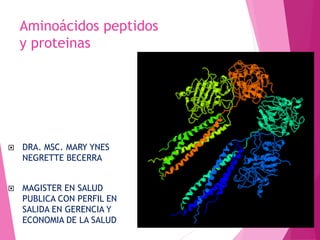 Aminoácidos peptidos
y proteinas
 DRA. MSC. MARY YNES
NEGRETTE BECERRA
 MAGISTER EN SALUD
PUBLICA CON PERFIL EN
SALIDA EN GERENCIA Y
ECONOMIA DE LA SALUD
 