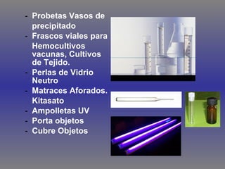 - Probetas Vasos de
precipitado
- Frascos viales para
Hemocultivos
vacunas, Cultivos
de Tejido.
- Perlas de Vidrio
Neutro
- Matraces Aforados.
Kitasato
- Ampolletas UV
- Porta objetos
- Cubre Objetos

 