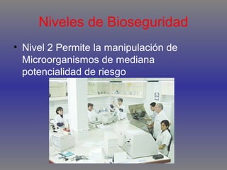 Niveles de Bioseguridad
• Nivel 2 Permite la manipulación de
Microorganismos de mediana
potencialidad de riesgo

 