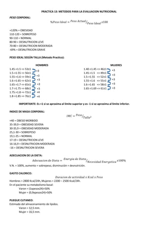 PRACTICA 13: METODOS PARA LA EVALUACION NUTRICIONAL
PESO CORPORAL:
%𝑃𝑒𝑠𝑜 𝐼𝑑𝑒𝑎𝑙 = 𝑃𝑒𝑠𝑜 𝐴𝑐𝑡𝑢𝑎𝑙
𝑃𝑒𝑠𝑜 𝐼𝑑𝑒𝑎𝑙⁄ 𝑥100
+120% = OBESIDAD
110-120 = SOBREPESO
90-110 = NORMAL
80-90 = DESNUTRICION LEVE
70-80 = DESNUTRICION MODERADA
-69% = DESNUTRICION GRAVE
PESO IDEAL SEGÚN TALLA (Metodo Practico):
HOMBRES
1.45->1.5 => 53±1
1.5->1.55 => 56±1
1.55->1.6 => 59±1
1.6->1.65 => 62±1
1.65->1.7 => 65±1
1.7->1.75 => 68±1
1.75->1.8 => 72±1
1.8->1.85 => 76±1
MUJERES
1.40->1.45 => 46±1
1.45->1.5 => 49±1
1.5->1.55 => 52±1
1.55->1.6 => 55±1
1.6->1.65 => 58±1
1.65->1.69 => 61±1
IMPORTANTE: Es +1 si se aproxima al límite superior y es -1 si se aproxima al limite inferior.
INDICE DE MASA CORPORAL:
𝐼𝑀𝐶 = 𝑃𝑒𝑠𝑜
𝑇𝑎𝑙𝑙𝑎2⁄
+40 = OBESO MORBIDO
35-39,9 = OBESIDAD SEVERA
30-35,9 = OBESIDAD MODERADA
25,1-30 = SOBREPESO
19,1-25 = NORMAL
17-19 = DESNUTRICION LEVE
16-16,9 = DESNUTRICION MODERADA
-16 = DESNUTRICION SEVERA
ADECUACION DE LA DIETA:
𝐴𝑑𝑒𝑐𝑢𝑎𝑐𝑖𝑜𝑛 𝑑𝑒 𝐷𝑖𝑒𝑡𝑎 =
𝐸𝑛𝑒𝑟𝑔𝑖𝑎 𝑑𝑒 𝐷𝑖𝑒𝑡𝑎
𝑁𝑒𝑐𝑒𝑠𝑖𝑑𝑎𝑑 𝐸𝑛𝑒𝑟𝑔𝑒𝑡𝑖𝑐𝑎⁄ 𝑥100%
V.N. = 100%, aumento = sobrepeso, disminución = desnutrición.
GASTO CALORICO:
𝐷𝑢𝑟𝑎𝑐𝑖𝑜𝑛 𝑑𝑒 𝑎𝑐𝑡𝑖𝑣𝑖𝑑𝑎𝑑 𝑥 𝐾𝑐𝑎𝑙 𝑥 𝑃𝑒𝑠𝑜
Hombres = 2800 Kcal/24h, Mujeres = 2200 – 2500 Kcal/24h.
En el paciente su metabolismo basal:
Varon = (1xpesox24)+50%
Mujer = (0,9xpesox24)+50%
PLIEGUE CUTANEO:
Estimado del almacenamiento de lípidos.
Varon = 12,5 mm.
Mujer = 16,5 mm.
+3
+3
+3
+3
+3
+4
+4
+3
+3
+3
+3
+3
 