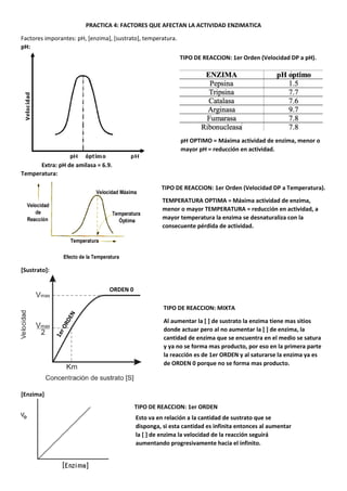 PRACTICA 4: FACTORES QUE AFECTAN LA ACTIVIDAD ENZIMATICA
Factores imporantes: pH, [enzima], [sustrato], temperatura.
pH:
Extra: pH de amilasa = 6.9.
Temperatura:
[Sustrato]:
[Enzima]
TIPO DE REACCION: 1er Orden (Velocidad DP a pH).
pH OPTIMO = Máxima actividad de enzima, menor o
mayor pH = reducción en actividad.
TIPO DE REACCION: 1er Orden (Velocidad DP a Temperatura).
TEMPERATURA OPTIMA = Máxima actividad de enzima,
menor o mayor TEMPERATURA = reducción en actividad, a
mayor temperatura la enzima se desnaturaliza con la
consecuente pérdida de actividad.
TIPO DE REACCION: MIXTA
ORDEN 0
Al aumentar la [ ] de sustrato la enzima tiene mas sitios
donde actuar pero al no aumentar la [ ] de enzima, la
cantidad de enzima que se encuentra en el medio se satura
y ya no se forma mas producto, por eso en la primera parte
la reacción es de 1er ORDEN y al saturarse la enzima ya es
de ORDEN 0 porque no se forma mas producto.
TIPO DE REACCION: 1er ORDEN
Esto va en relación a la cantidad de sustrato que se
disponga, si esta cantidad es infinita entonces al aumentar
la [ ] de enzima la velocidad de la reacción seguirá
aumentando progresivamente hacia el infinito.
 