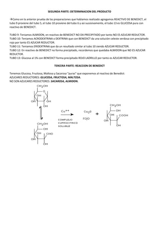 SEGUNDA PARTE: DETERMINACION DEL PRODUCTO
Como en la anterior prueba de las preparaciones que habíamos realizado agregamos REACTIVO DE BENEDICT, el
tubo 9 proviene del tubo 5, el tubo 10 proviene del tubo 6 y asi sucesivamente, el tubo 13 es GLUCOSA pura con
reactivo de BENEDICT.
TUBO 9: Teniamos ALMIDON, en reactivo de BENEDICT NO DA PRECIPITADO por tanto NO ES AZUCAR REDUCTOR.
TUBO 10: Teniamos ACRODEXTRINA o DEXTRINA que con BENEDICT da una solución celeste verdosa con precipitado
rojo por tanto ES AZUCAR REDUCTOR.
TUBO 11: Teniamos ERIDEXTRINA que da un resultado similar al tubo 10 siendo AZUCAR REDUCTOR.
TUBO 12: En reactivo de BENEDICT no forma precipitado, recordemos que quedaba ALMIDON que NO ES AZUCAR
REDUCTOR.
TUBO 13: Glucosa al 1% con BENEDICT forma precipitado ROJO LADRILLO por tanto es AZUCAR REDUCTOR.
TERCERA PARTE: REACCION DE BENEDICT
Tenemos Glucosa, Fructosa, Maltosa y Sacarosa “puras” que exponemos al reactivo de Benedict:
AZUCARES REDUCTORES: GLUCOSA, FRUCTOSA, MALTOSA.
NO SON AZUCARES REDUCTORES: SACAROSA, ALMIDON.
 