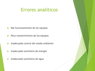 Errores analiticos
 Mal funcionamiento de los equipos
 Poco mantenimiento de los equipos
 Inadecuado control del medio ambiente
 Inadecuado suministro de energía
 Inadecuado suministro de agua
 
