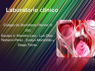 Laboratorio clínico

 Colegio de Bachilleres Plantel 19
               203
Equipo 5: Alondra Leos , Luis Díaz ,
Nohemí Pérez , Evelyn Montañés y
           Diego Torres.
 