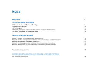 ÍNDICE
PRESENTACIÓN 6
1 DESCRIPCIÓN GENERAL DE LA CARRERA
1.1 Estructura Curricular del Bachillerato Tecnológico
1.2 Justificación de la carrera
1.3 Perfil de egreso
1.4 Mapa de competencias profesionales de la carrera de Técnico en laboratorio clínico
1.5 Cambios principales en los programas de estudio
9
10
11
12
13
2 MÓDULOS QUE INTEGRAN LA CARRERA
Módulo I – Auxilia en los procesos básicos de laboratorio clínico
Módulo II – Identifica microorganismos con base en técnicas microbiológicas para diagnóstico clínico
Módulo III – Analiza fluidos corporales de interés clínico
Módulo IV – Analiza sangre con base en técnicas inmunohematológicas y hemostáticas
Módulo V – Analiza sangre con base en técnicas de química clínica y pruebas especiales
16
22
27
33
40
Recursos didácticos de la carrera 45
3 CONSIDERACIONES PARA DESARROLLAR LOS MÓDULOS EN LA FORMACIÓN PROFESIONAL
3.1 Lineamientos metodológicos 48
 