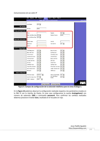 Comunicaciones de voz sobre IP




     Figura 9. Campos de configuración de la extensión telefónica para la Línea Análoga 1.

En la Figura 10 podemos observar la configuración realizada respecto a los parámetros creados en
la PBX IP con la interfaz de Elastix. En este caso configuramos la cuenta Analogphone1 con
número de extensión 3305 y contraseña password. Para confirmar los cambios realizados
debemos presionar el botón Save, resaltado en el recuadro en rojo.




                                                                           Jesse Padilla Agudelo
                                                                        http://arpanetblog.com
                                                                                                   130
 