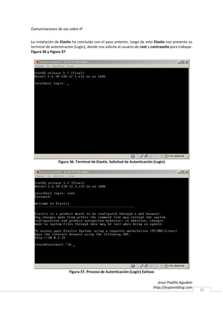 Comunicaciones de voz sobre IP


La instalación de Elastix ha concluido con el paso anterior, luego de esto Elastix nos presenta su
terminal de autenticación (Login), donde nos solicita el usuario de root y contraseña para trabajar.
Figura 36 y Figura 37.




                Figura 36. Terminal de Elastix. Solicitud de Autenticación (Login)




                       Figura 37. Proceso de Autenticación (Login) Exitoso

                                                                              Jesse Padilla Agudelo
                                                                           http://arpanetblog.com
                                                                                                       30
 