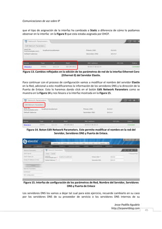 Comunicaciones de voz sobre IP


que el tipo de asignación de la interfaz ha cambiado a Static a diferencia de cómo lo podíamos
observar en la interfaz en la Figura 9 que esta estaba asignada por DHCP.




Figura 13. Cambios reflejados en la edición de los parámetros de red de la interfaz Ethernet Cero
                                (Ethernet 0) del Servidor Elastix.

Para continuar con el proceso de configuración vamos a modificar el nombre del servidor Elastix
en la Red, adicional a esto modificaremos la información de los servidores DNS y la dirección de la
Puerta de Enlace. Esto lo haremos dando click en el botón Edit Network Paraneters como se
muestra en la Figura 14 y nos llevara a la interfaz mostrada en la Figura 15.




   Figura 14. Boton Edit Network Parameters. Este permite modificar el nombre en la red del
                          Servidor, Servidores DNS y Puerta de Enlace.




Figura 15. Interfaz de configuración de los parámetros de Red, Nombre del Servidor, Servidores
                                     DNS y Puerta de Enlace

Los servidores DNS los vamos a dejar tal cual para este ejercicio, recuerde cambiarlo en su caso
por los servidores DNS de su proveedor de servicio o los servidores DNS internos de su

                                                                              Jesse Padilla Agudelo
                                                                           http://arpanetblog.com
                                                                                                      45
 