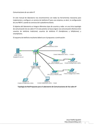 Comunicaciones de voz sobre IP


En este manual de laboratorio nos encontraremos con todas las herramientas necesarias para
implementar y configurar un servicio de telefonía IP para una empresa, es decir, la configuración
de una PBX IP, usando los servicios de la plataforma Elastix.

El objetivo del laboratorio es integrar diferentes tipos de usuarios y redes en una única topología
de comunicación de voz sobre IP. En esta práctica se busca lograr una comunicación efectiva entre
usuarios de telefonía tradicional, usuarios de telefonía IP (Hardphones y Softphones) y
smartphones.

El esquema de telefonía resultante debería ser el propuesto a continuación:




      Topología de Red Propuesta para el Laboratorio de Comunicaciones de Voz sobre IP




                                                                              Jesse Padilla Agudelo
                                                                           http://arpanetblog.com
                                                                                                      4
 