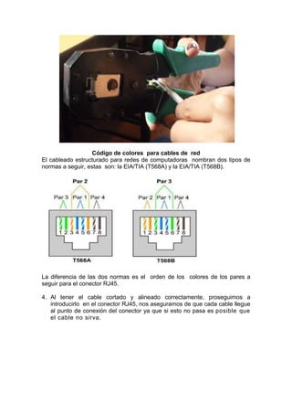 Código de colores para cables de red
El cableado estructurado para redes de computadoras nombran dos tipos de
normas a seguir, estas son: la EIA/TIA (T568A) y la EIA/TIA (T568B).




La diferencia de las dos normas es el orden de los colores de los pares a
seguir para el conector RJ45.

4. Al tener el cable cortado y alineado correctamente, proseguimos a
   introducirlo en el conector RJ45, nos aseguramos de que cada cable llegue
   al punto de conexión del conector ya que si esto no pasa es posible que
   el cable no sirva.
 
