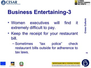 CrossCulture
15
Business Entertaining-3
• Women executives will find it
extremely difficult to pay.
• Keep the receipt for your restaurant
bill.
– Sometimes “tax police” check
restaurant bills outside for adherence to
tax laws.
 