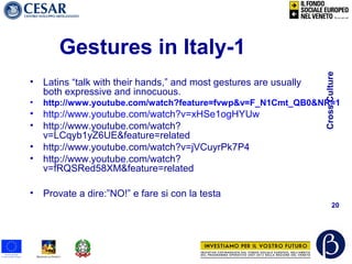 CrossCulture
20
Gestures in Italy-1
• Latins “talk with their hands,” and most gestures are usually
both expressive and innocuous.
• http://www.youtube.com/watch?feature=fvwp&v=F_N1Cmt_QB0&NR=1
• http://www.youtube.com/watch?v=xHSe1ogHYUw
• http://www.youtube.com/watch?
v=LCqyb1yZ6UE&feature=related
• http://www.youtube.com/watch?v=jVCuyrPk7P4
• http://www.youtube.com/watch?
v=fRQSRed58XM&feature=related
• Provate a dire:”NO!” e fare si con la testa
 