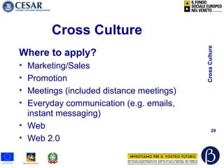CrossCulture
29
Cross Culture
Where to apply?
• Marketing/Sales
• Promotion
• Meetings (included distance meetings)
• Everyday communication (e.g. emails,
instant messaging)
• Web
• Web 2.0
 
