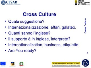 CrossCulture
3
Cross Culture
• Quale suggestione?
• Internazionalizzazione, affari, galateo.
• Quanti sanno l’inglese?
• Il supporto è in inglese, interprete?
• Internationalization, business, etiquette.
• Are You ready?
 
