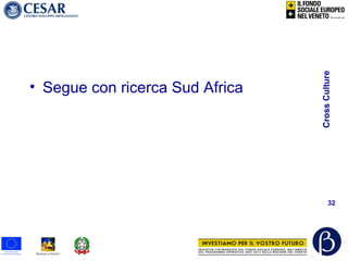 CrossCulture
32
• Segue con ricerca Sud Africa
 