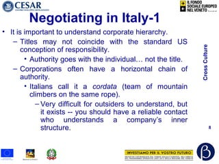 CrossCulture
8
Negotiating in Italy-1
• It is important to understand corporate hierarchy.
– Titles may not coincide with the standard US
conception of responsibility.
• Authority goes with the individual… not the title.
– Corporations often have a horizontal chain of
authority.
• Italians call it a cordata (team of mountain
climbers on the same rope).
– Very difficult for outsiders to understand, but
it exists -- you should have a reliable contact
who understands a company’s inner
structure.
 