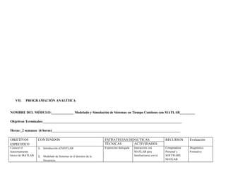 VII.   PROGRAMACIÓN ANALÍTICA


NOMBRE DEL MÓDULO:_____________ Modelado y Simulación de Sistemas en Tiempo Continuo con MATLAB_________

Objetivos Terminales:_________________________________________________________________________________

Horas:_2 semanas (6 horas)___________________________________________________________________________

OBJETIVOS          CONTENIDOS                                    ESTRATEGIAS DIDÁCTICAS                          RECURSOS      Evaluación
ESPECIFICO                                                       TÉCNICAS       ACTIVIDADES
Conocer el         1. Introducción al MATLAB                     Exposición dialogada   Interacción con          Computadora   Diagnóstica
funcionamiento                                                                          MATLAB para              Personal y    Formativa
básico de MATLAB   2. Modelado de Sistemas en el dominio de la                          familiarizarse con el.   SOFTWARE
                       frecuencia.                                                                               MATLAB
 