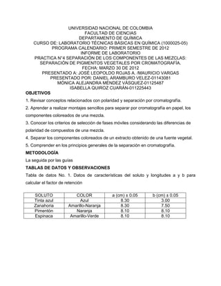 UNIVERSIDAD NACIONAL DE COLOMBIA
FACULTAD DE CIENCIAS
DEPARTAMENTO DE QUÍMICA
CURSO DE: LABORATORIO TÉCNICAS BÁSICAS EN QUÍMICA (1000025-05)
PROGRAMA CALENDARIO: PRIMER SEMESTRE DE 2012
INFORME DE LABORATORIO
PRACTICA N°4 SEPARACIÓN DE LOS COMPONENTES DE LAS MEZCLAS:
SEPARACIÓN DE PIGMENTOS VEGETALES POR CROMATOGRAFÍA.
FECHA: MARZO 30 DE 2012
PRESENTADO A: JOSÉ LEOPOLDO ROJAS A. /MAURICIO VARGAS
PRESENTADO POR: DANIEL ARAMBURO VELEZ-01143081
MÓNICA ALEJANDRA MÉNDEZ VÁSQUEZ-01125487
ISABELLA QUIROZ CUARÁN-011225443
OBJETIVOS
1. Revisar conceptos relacionados con polaridad y separación por cromatografía.
2. Aprender a realizar montajes sencillos para separar por cromatografía en papel, los
componentes coloreados de una mezcla.
3. Conocer los criterios de selección de fases móviles considerando las diferencias de
polaridad de compuestos de una mezcla.
4. Separar los componentes coloreados de un extracto obtenido de una fuente vegetal.
5. Comprender en los principios generales de la separación en cromatografía.
METODOLOGÍA
La seguida por las guías
TABLAS DE DATOS Y OBSERVACIONES
Tabla de datos No. 1. Datos de características del soluto y longitudes a y b para
calcular el factor de retención
SOLUTO COLOR a (cm) ± 0.05 b (cm) ± 0.05
Tinta azul Azul 8.30 3.00
Zanahoria Amarillo-Naranja 8.30 7.50
Pimentón Naranja 8.10 8.10
Espinaca Amarillo-Verde 8.10 8.10
 