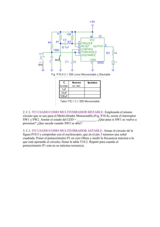 2. C.I. 555 USADO COMO MULTIVIBRADOR BISTABLE: Empleando el mismo
circuito que se uso para el Multivibrador Monoestable (Fig. P10.4), cerrar el interruptor
SW1 y SW2. Anotar el estado del LED = ____________. ¿Que pasa si SW1 se vuelve a
presionar? ¿Que sucede cuando SW2 se abre?

3. C.I. 555 USADO COMO MULTIVIBRADOR ASTABLE: Armar el circuito de la
figura P10.5 y comprobar con el osciloscopio, que en el pin 3 tenemos una señal
cuadrada. Poner el potenciómetro P1 en cero Ohms y medir la frecuencia máxima a la
que está operando el circuito; llenar la tabla T10.2. Repetir para cuando el
potenciómetro P1 esta en su máxima resisencia.
 
