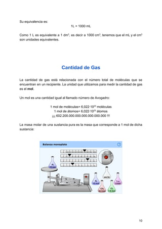 Su​ ​equivalencia​ ​es:
1L​ ​=​ ​1000​ ​mL
Como 1 L es equivalente a 1 dm​3​
, es decir a 1000 cm​3​
, tenemos que el mL y el cm​3
son​ ​unidades​ ​equivalentes.
Cantidad​ ​de​ ​Gas
La cantidad de gas está relacionada con el número total de moléculas que se
encuentran en un recipiente. La unidad que utilizamos para medir la cantidad de gas
es​ ​el​ ​​mol​.
Un​ ​mol​ ​es​ ​una​ ​cantidad​ ​igual​ ​al​ ​llamado​ ​número​ ​de​ ​Avogadro:
1​ ​mol​ ​de​ ​moléculas=​ ​6,022·10​23​
​ ​moléculas
1​ ​mol​ ​de​ ​átomos=​ ​6,022·10​23​
​ ​átomos
¡¡¡​ ​602.200.000.000.000.000.000.000​ ​!!!
La masa molar de una sustancia pura es la masa que corresponde a 1 mol de dicha
sustancia:
10
 