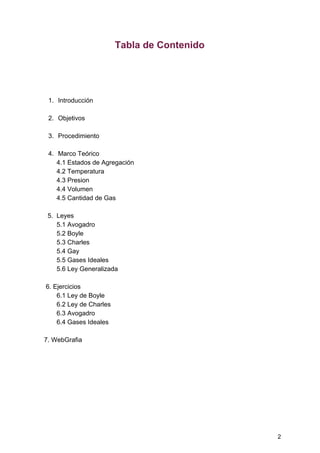 Tabla​ ​de​ ​Contenido
1. Introducción
2. Objetivos
3. Procedimiento
4. Marco​ ​Teórico
​ ​​ ​​ ​​ ​​ ​​ ​​ ​​ ​​ ​​ ​4.1​ ​Estados​ ​de​ ​Agregación
​ ​​ ​​ ​​ ​​ ​​ ​​ ​​ ​​ ​​ ​4.2​ ​Temperatura
​ ​​ ​​ ​​ ​​ ​​ ​​ ​​ ​​ ​​ ​4.3​ ​Presion
​ ​​ ​​ ​​ ​​ ​​ ​​ ​​ ​​ ​​ ​4.4​ ​Volumen
​ ​​ ​​ ​​ ​​ ​​ ​​ ​​ ​​ ​​ ​4.5​ ​Cantidad​ ​de​ ​Gas
​ ​​ ​​ ​​ ​​ ​5.​ ​​ ​Leyes
​ ​​ ​​ ​​ ​​ ​​ ​​ ​​ ​​ ​​ ​5.1​ ​Avogadro
​ ​​ ​​ ​​ ​​ ​​ ​​ ​​ ​​ ​​ ​5.2​ ​Boyle
​ ​​ ​​ ​​ ​​ ​​ ​​ ​​ ​​ ​​ ​5.3​ ​Charles
​ ​​ ​​ ​​ ​​ ​​ ​​ ​​ ​​ ​​ ​5.4​ ​Gay
​ ​​ ​​ ​​ ​​ ​​ ​​ ​​ ​​ ​​ ​5.5​ ​Gases​ ​Ideales
​ ​​ ​​ ​​ ​​ ​​ ​​ ​​ ​​ ​​ ​5.6​ ​Ley​ ​Generalizada
​ ​​ ​​ ​​ ​6.​ ​Ejercicios
​ ​​ ​​ ​​ ​​ ​​ ​​ ​​ ​​ ​​ ​6.1​ ​Ley​ ​de​ ​Boyle
​ ​​ ​​ ​​ ​​ ​​ ​​ ​​ ​​ ​​ ​6.2​ ​Ley​ ​de​ ​Charles
​ ​​ ​​ ​​ ​​ ​​ ​​ ​​ ​​ ​​ ​6.3​ ​Avogadro
​ ​​ ​​ ​​ ​​ ​​ ​​ ​​ ​​ ​​ ​6.4​ ​Gases​ ​Ideales
​ ​​ ​​ ​7.​ ​WebGrafia
2
 