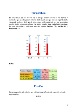 Temperatura
La temperatura es una medida de la energía cinética media de los átomos y
moléculas que constituyen un sistema. Dado que la energía cinética depende de la
velocidad, podemos decir que la temperatura está relacionada con las velocidades
medias de las moléculas del gas. Hay varias ​escalas para medir la temperatura​;
las más conocidas y utilizadas son las escalas ​Celsius (​ºC​), ​Kelvin (​K​) y
Fahrenheit​​ ​(​ºF​).
Datos
Presión
llamamos​ ​presión​ ​a​ ​la​ ​relación​ ​que​ ​existe​ ​entre​ ​una​ ​fuerza​ ​y​ ​la​ ​superficie​ ​sobre​ ​la
que​ ​se​ ​aplica:
P=F/S
8
 