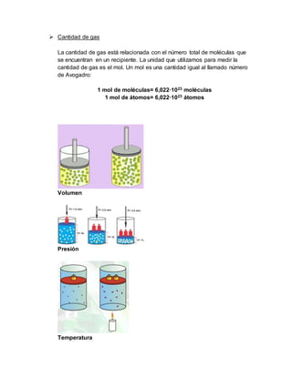  Cantidad de gas
La cantidad de gas está relacionada con el número total de moléculas que
se encuentran en un recipiente. La unidad que utilizamos para medir la
cantidad de gas es el mol. Un mol es una cantidad igual al llamado número
de Avogadro:
1 mol de moléculas= 6,022·1023 moléculas
1 mol de átomos= 6,022·1023 átomos
Volumen
Presión
Temperatura
 