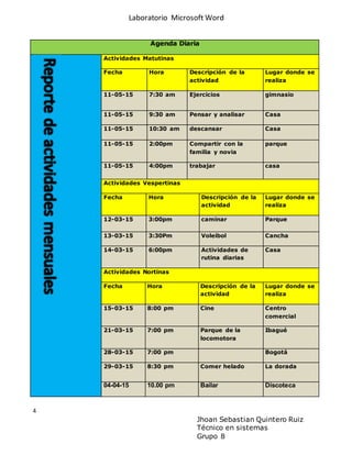 Laboratorio Microsoft Word
4
Jhoan Sebastian Quintero Ruiz
Técnico en sistemas
Grupo 8
Agenda Diaria
Actividades Matutinas
Fecha Hora Descripción de la
actividad
Lugar donde se
realiza
11-05-15 7:30 am Ejercicios gimnasio
11-05-15 9:30 am Pensar y analisar Casa
11-05-15 10:30 am descansar Casa
11-05-15 2:00pm Compartir con la
familia y novia
parque
11-05-15 4:00pm trabajar casa
Actividades Vespertinas
Fecha Hora Descripción de la
actividad
Lugar donde se
realiza
12-03-15 3:00pm caminar Parque
13-03-15 3:30Pm Voleibol Cancha
14-03-15 6:00pm Actividades de
rutina diarias
Casa
Actividades Nortinas
Fecha Hora Descripción de la
actividad
Lugar donde se
realiza
15-03-15 8:00 pm Cine Centro
comercial
21-03-15 7:00 pm Parque de la
locomotora
Ibagué
28-03-15 7:00 pm Bogotá
29-03-15 8:30 pm Comer helado La dorada
04-04-15 10.00 pm Bailar Discoteca
 