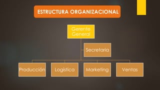 Gerente
General
Producción Logística Marketing Ventas
Secretaria
ESTRUCTURA ORGANIZACIONAL
 