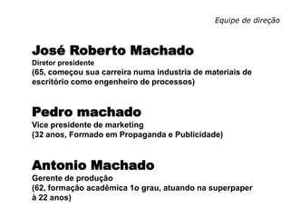 Equipe de direção
José Roberto Machado
Diretor presidente
(65, começou sua carreira numa industria de materiais de
escritório como engenheiro de processos)
Pedro machado
Vice presidente de marketing
(32 anos, Formado em Propaganda e Publicidade)
Antonio Machado
Gerente de produção
(62, formação acadêmica 1o grau, atuando na superpaper
à 22 anos)
 