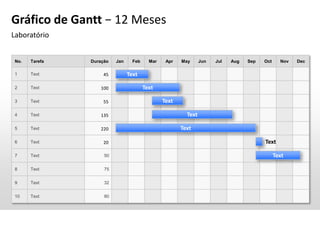 Gráfico de Gantt − 12 Meses
Laboratório
No. Tarefa Duração Jan Feb Mar Apr May Jun Jul Aug Sep Oct Nov Dec
1 Text 45
2 Text 100
3 Text 55
4 Text 135
5 Text 220
6 Text 20
7 Text 50
8 Text 75
9 Text 32
10 Text 80
xxxx
Text
Text
Text
Text
Text
Text
Text
 
