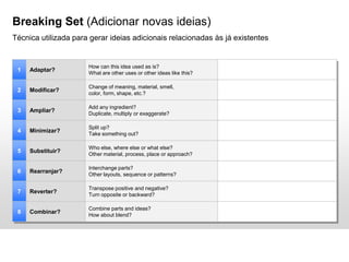 1 Adaptar?
How can this idea used as is?
What are other uses or other ideas like this?
2 Modificar?
Change of meaning, material, smell,
color, form, shape, etc.?
3 Ampliar?
Add any ingredient?
Duplicate, multiply or exaggerate?
4 Minimizar?
Split up?
Take something out?
5 Substituir?
Who else, where else or what else?
Other material, process, place or approach?
6 Rearranjar?
Interchange parts?
Other layouts, sequence or patterns?
7 Reverter?
Transpose positive and negative?
Turn opposite or backward?
8 Combinar?
Combine parts and ideas?
How about blend?
Breaking Set (Adicionar novas ideias)
Técnica utilizada para gerar ideias adicionais relacionadas às já existentes
 
